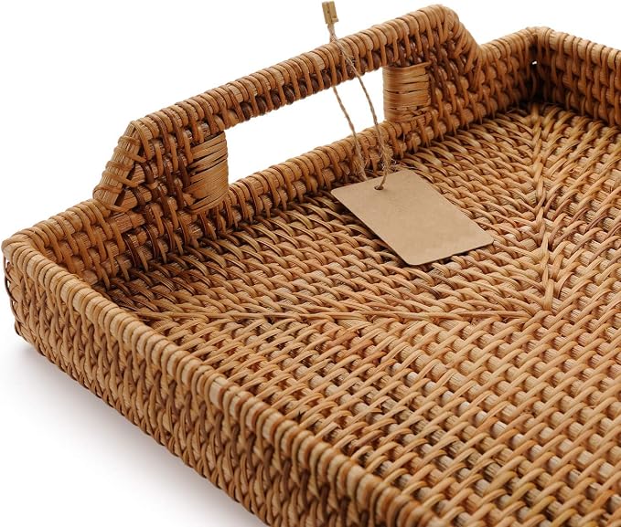 Hand-Woven Rattan Rectangular Serving Tray with Handles for Breakfast, Drinks, Snack for Coffee Table (17x11.4x1.8inches)