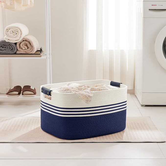 60L Woven Laundry Basket Hamper with Leather Handles,Navy | collapsible wicker hamper, storage for dirty clothes, toys, blankets, gifts, living room, bedroom, bathroom, 21"x15"x11"