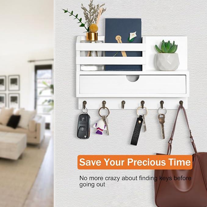 dreampossible Key and Mail Holder for Wall, Mail Organizer Wall Mount with 6 Hooks and Storage Drawer, Wooden Key Rack Hanger with Shelf for Entryway and Home Decor