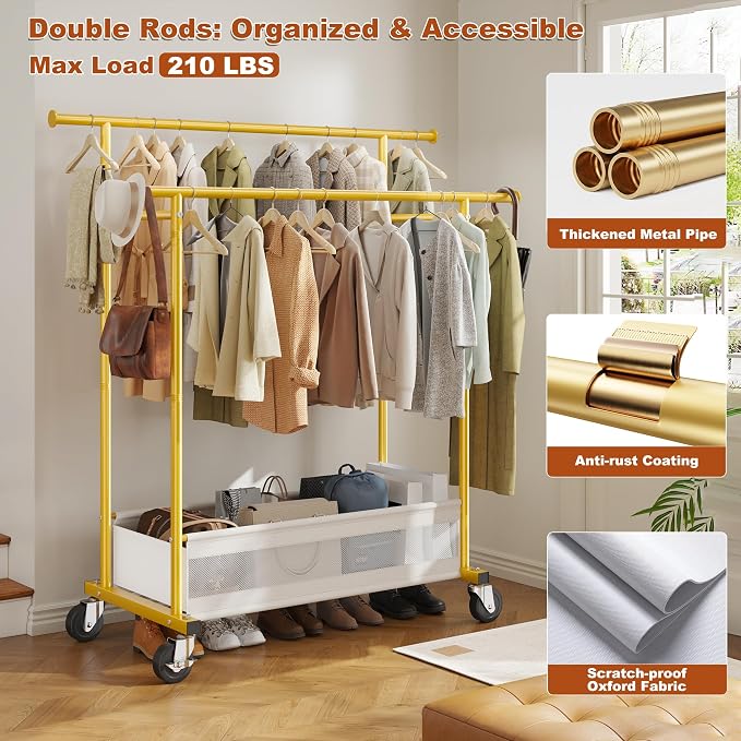 Clothes Rack 210 LBS Double Rods Extra Storage Basket | Rustproof Coated Steel, Anti-bending Design, 360° Sturdy Wheels, 10-Min Tool-Free Assembly, Metal Garment Rack for Home