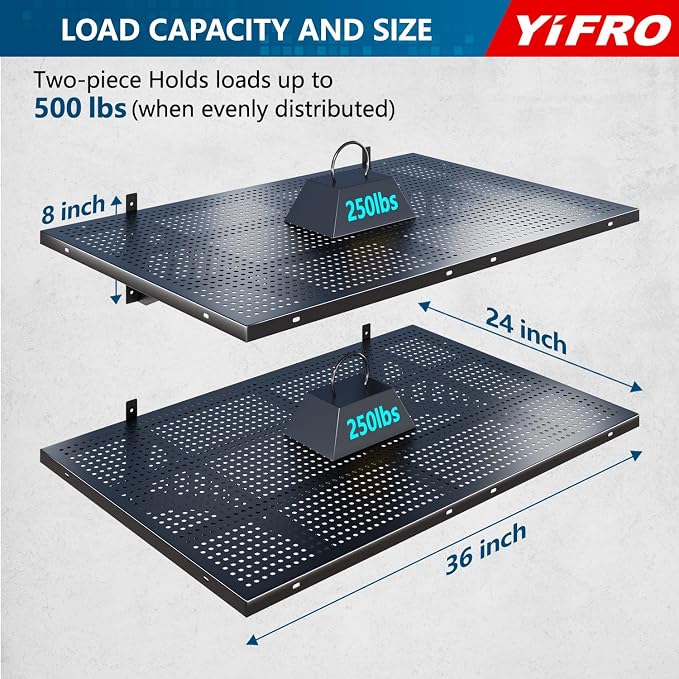 2-Pack 2x3ft Heavy Duty Garage Wall Shelving, 500 lbs Load Capacity, Garage Shelving Wall Mounted, Garage Storage Rack with Hooks, Black
