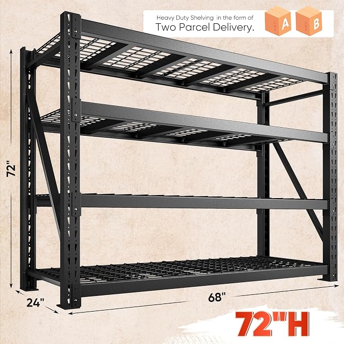 Bepatio 9400LBS Garage Shelving Heavy Duty, 72'H Storage Shelves Metal Shelving Unit, 4Tier Storage Rack Shelf,Adjustable Industrial Shelving for Warehouse Commercial,72'Hx68'Wx23.7'D,2PCS