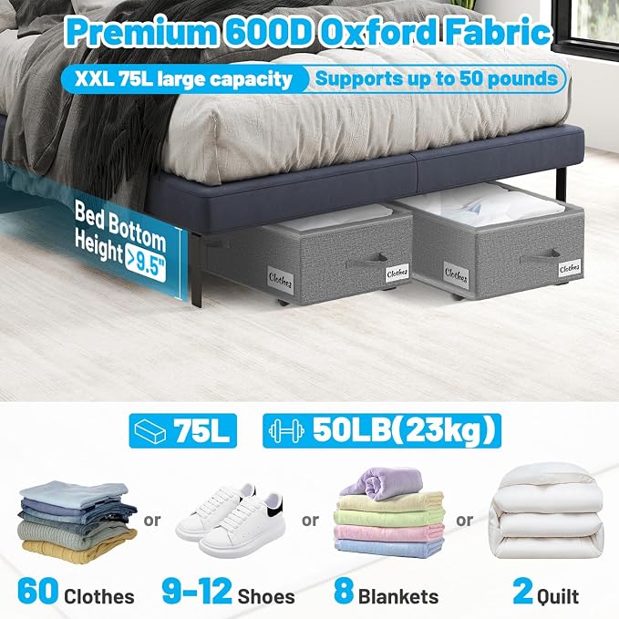 Under Bed Storage with Wheels, 2-Pack 10" Height XXL 75L Rolling Storage Bins, Quick Assembly Underbed Shoe Storage Containers with Clear Lid & Label, Dorm Under Bed Drawers for Clothes, Shoes, Black