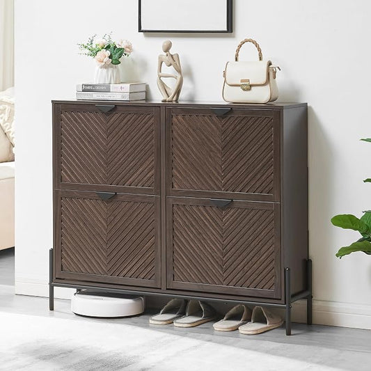 Shoe Cabinet with 4 Flip Drawers, Narrow Entryway Rack, Brown | Slanted Wood Grain, Freestanding, Adjustable Compartments, Removable Middle Shelf, Metal Handles, for Hallway Foyer Entrance