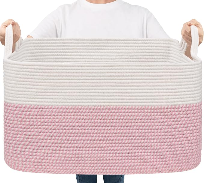 Goodpick Large Woven Blanket Basket, Rectangle Storage, White & Pink | 21.6 x 14.9 x 11.8 in, Reinforced Handles, Nursery & Bedroom Organization, Baby Toys, Blankets & Kids Essentials Storage