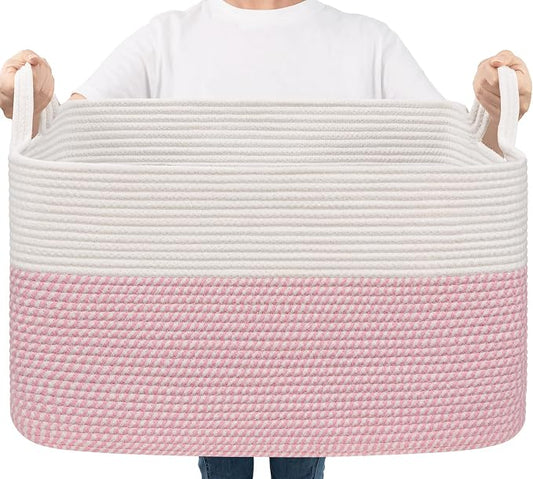 Goodpick Large Woven Blanket Basket, Rectangle Storage, White & Pink | 21.6 x 14.9 x 11.8 in, Reinforced Handles, Nursery & Bedroom Organization, Baby Toys, Blankets & Kids Essentials Storage