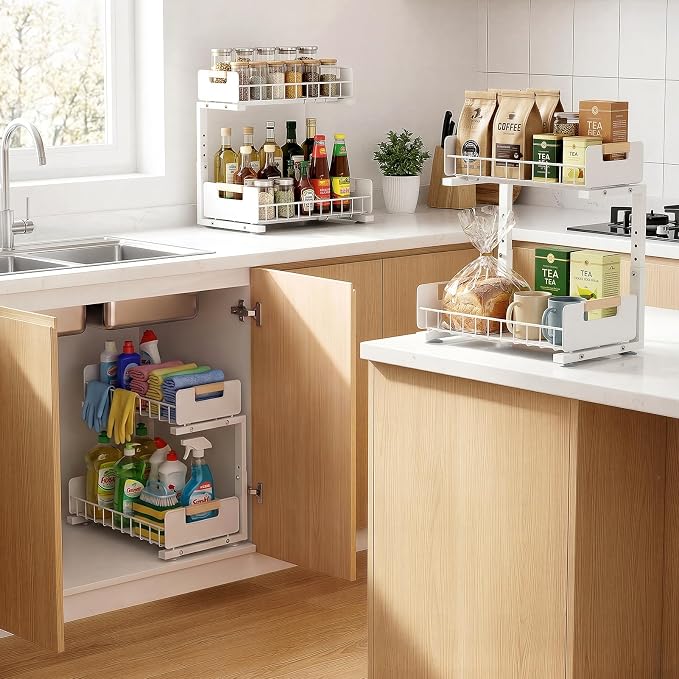 Delamu Under Sink Organizer Kitchen, 2-Tier Pull-Out Cabinet Shelf, 2-Pack | 2-Tier Smooth Slide, 5 Adjustable Heights, Anti-Tip Suction Cups, Sturdy Metal, For Kitchen Bathroom Pantry Laundry, White