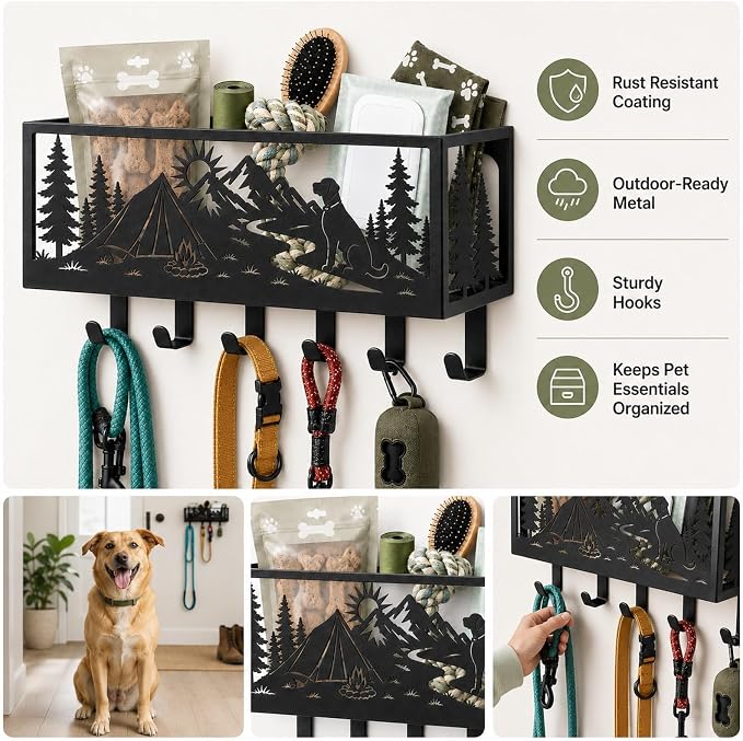 Custom Dog Leash Holder for Wall Outdoor Pet Supply Organizer with Basket | Personalized dog leash holder with storage basket, mountain dog design, wall mount organizer for leash, keys and pet supplies