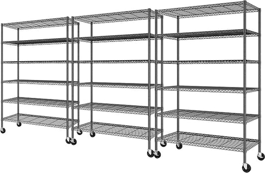 Romorgniz 82" H X45 W X18 D Storage Shelves with Wheels, 6 Tier Wire Shelving Adjustable Metal Shelving Pantry Shelves Capacity 1200LBS for Garage, Pantry, Kitchen, Closet,Black,3P