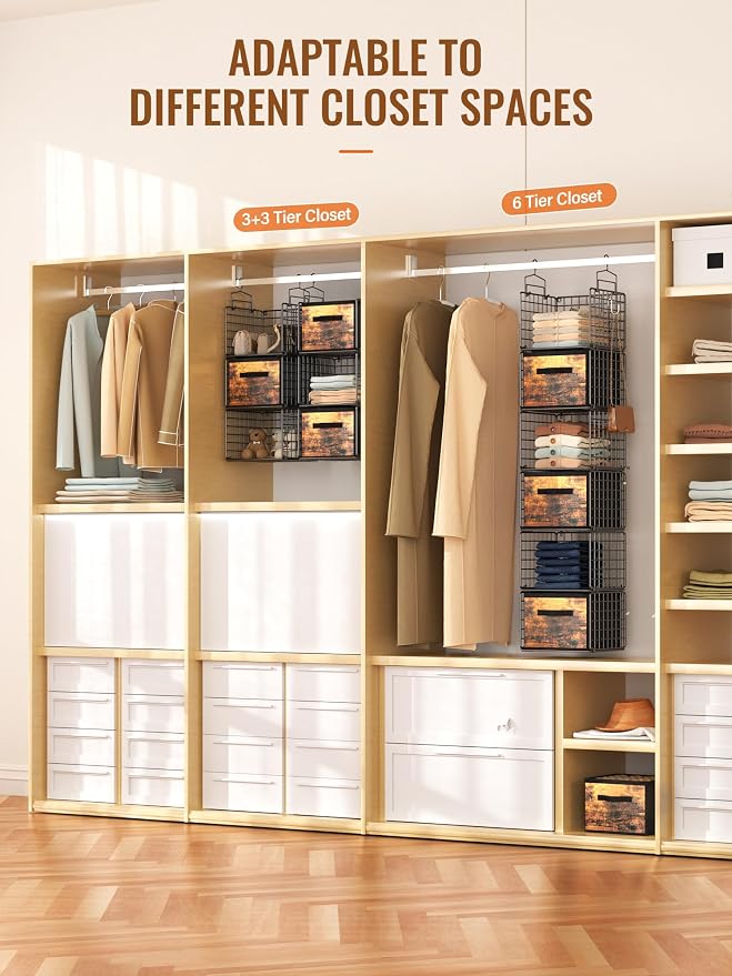 Closet Hanging Organizer with Drawers, 6 Tier Metal Closet Organizers and Storage with 4 Hanging Hooks 4 S-Hooks for Wardrobe Laundry Room, Wire Storage Shelf for Clothes Sweaters Pants (Black)