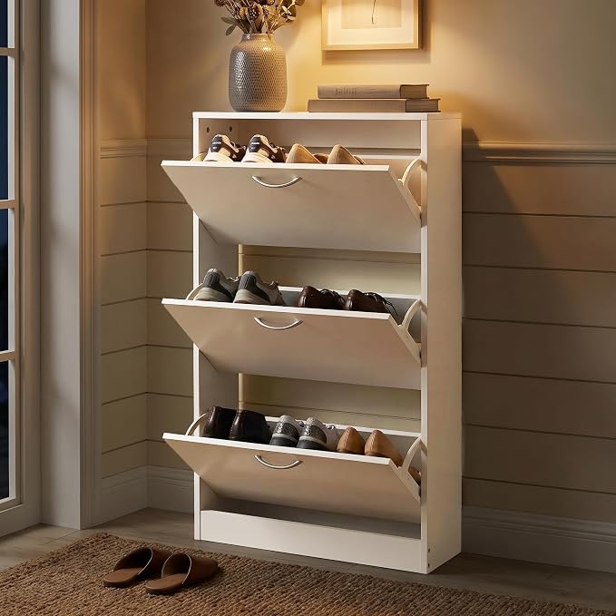 HOPUBUY Shoe Cabinet for Entryway, Narrow Shoe Storage with 3 Flip Drawers | Wood Slim Shoe Rack, 3 Tier Thin Shoe Organizer for Home and Apartment,White