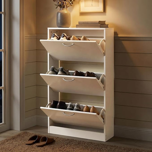 HOPUBUY Shoe Cabinet for Entryway, Narrow Shoe Storage with 3 Flip Drawers | Wood Slim Shoe Rack, 3 Tier Thin Shoe Organizer for Home and Apartment,White