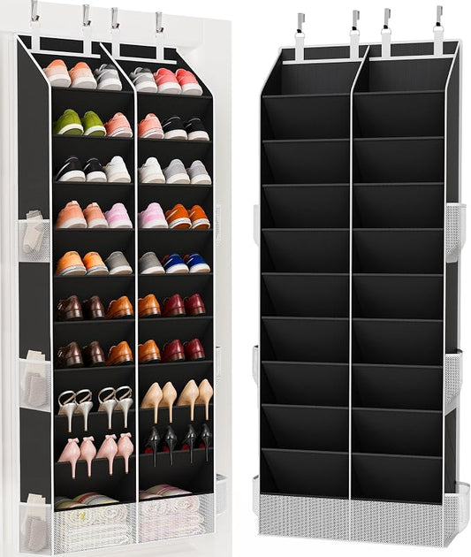 Over the Door Shoe Organizer, 20-30 Pairs Heavy-Duty Hanging Shoe Storage with Large Pockets, 10-Tier Door Shoe Rack with 4 Hooks for Sneakers Sandals Heels Boots (Black)