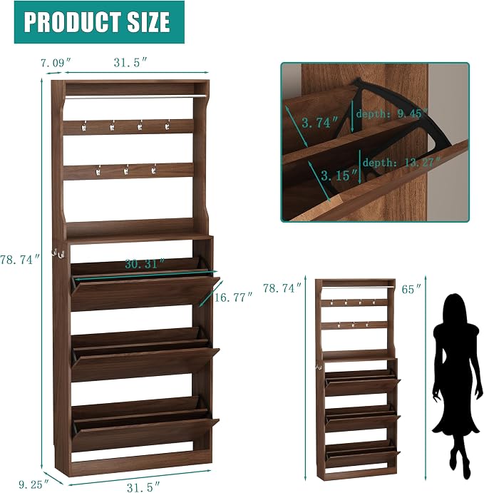 Shoe Cabinet for Entryway with 3 Flip Drawers, Walnut Tall Wood Shoe Storage Cabinet with Coat Rack, Narrow Hidden Slim Freestanding Shoe Rack Organizer, 2 in 1 Hall Tree for Living Room, Hallway