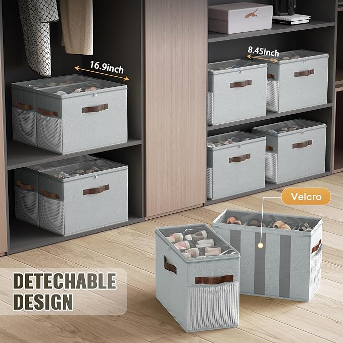 2 Pack Shoe Organizer for Closet, Foldable Shoe Storage with Adjustable | Farbic shoe storage organizer box bin with clear cover, fits up to 16 pairs, shoe storage box for closet, entryway, gray