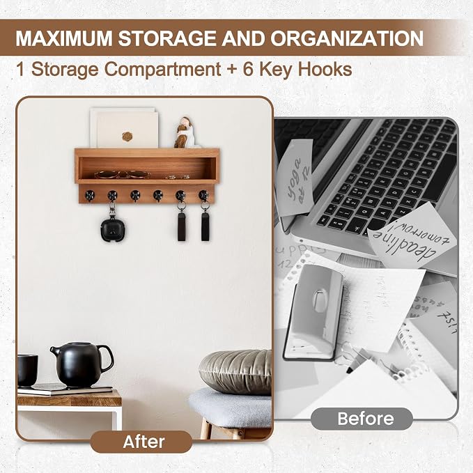 Key and Mail Holder Wall Mount, Key Hanger with Long Storage Box and 6 Hooks for Coat, Dog Leash, Home Decor Rack, House Accessories, Entry Way Organizer