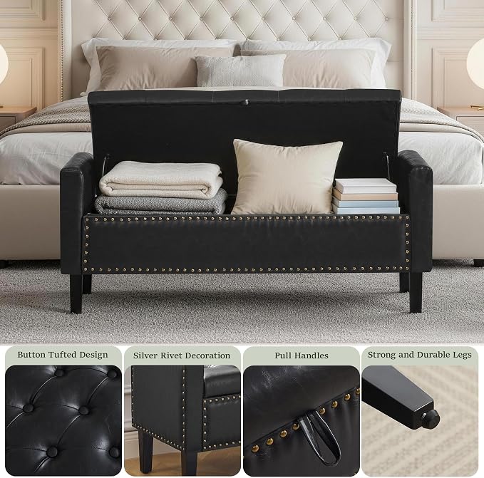 47'' Leather Storage Ottoman Bench, End of Bed Storage Bench with Wooden Legs, Upholstered Tufted Ottoman with Storage for Bedroom, Living Room, Entryway, Black
