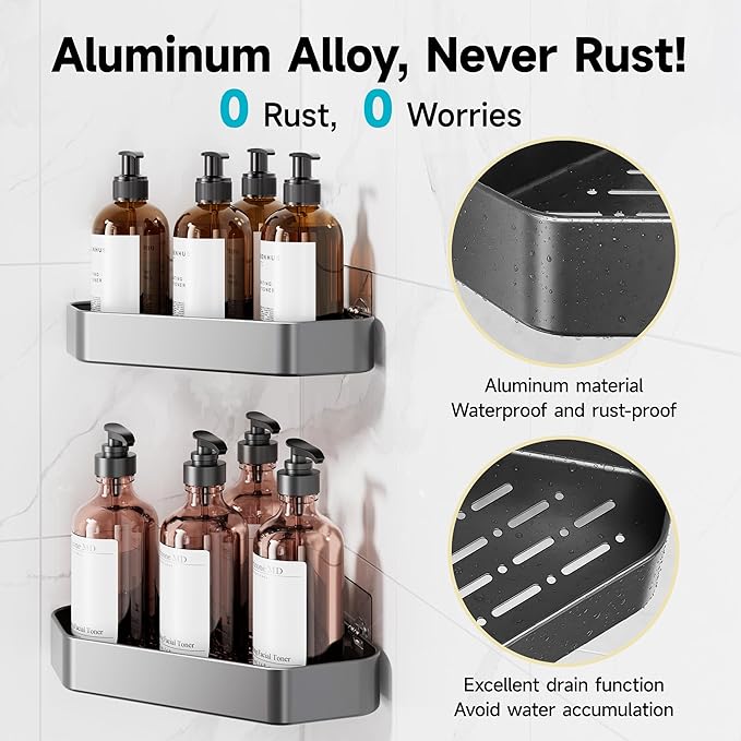 Veken Aluminum Corner Shower Caddy 4-Pack, Never Rust&Large Capacity, Grey | No Drilling Shelves, Rack with Soap Holder&Towel Bar, Super-Strong Adhesive for High Load, Bathroom Organizers and Storage