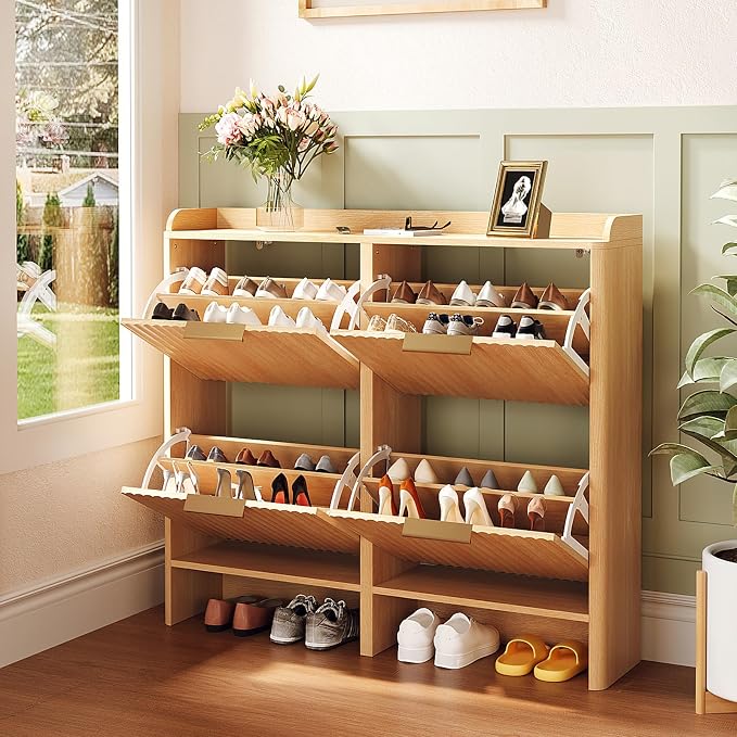 VINGLI 43.5" Large Oak Fluted Shoe Storage Cabinet with 4 Flip Drawers, Slim Entryway Shoe Organizer with Unique Curved Side Panels, Natural Wood Shoe Rack for Hallway, High Capacity Hidden Shoe Shelf