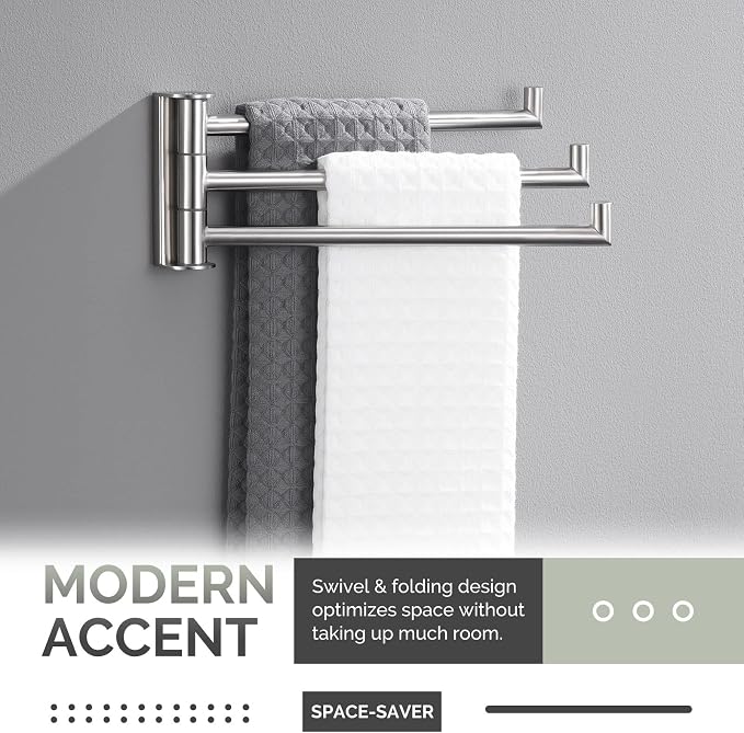 Angle Simple Swivel Hand Towel Holder 3 Bars, Brushed Nickel, 9.84" | SUS304 Stainless Steel Bathroom Kitchen Towel Rack Hanger, Fold Flat to the Wall, Screws Mount