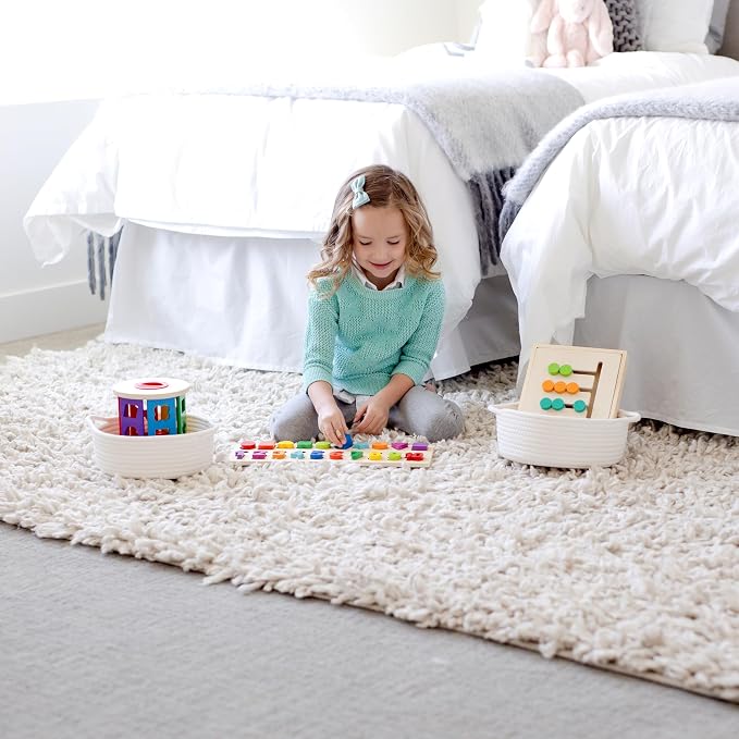 5-Piece Round Woven Cotton Rope Storage Baskets for Organizing, Small Shallow Nesting Set for Montessori Toys, Entryway Catchall, Fruit Bowl, Key Tray, Remote Holder, Nursery & Pet Toys