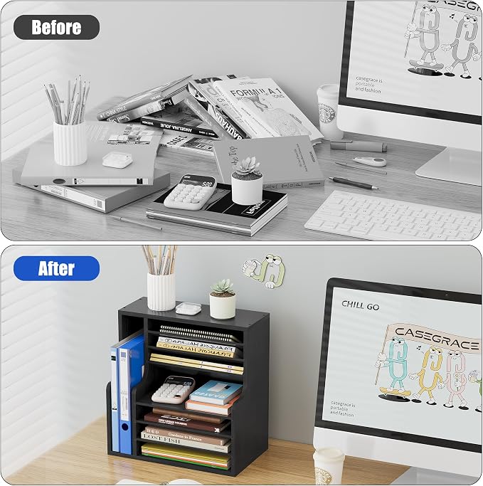 Wood Desktop File Holder Organizer Mail Sorter for File Folders, Mails, Envelopes or Magazines, 8 Compartments (Black)