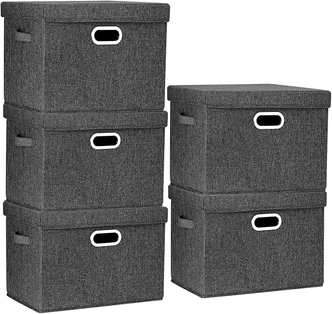 Large Storage Bins with Lids, Collapsible, Washable, Fabric Storage Boxes for Organizing, 17.3x11.8x11.4 inches, 5 Pack, Black