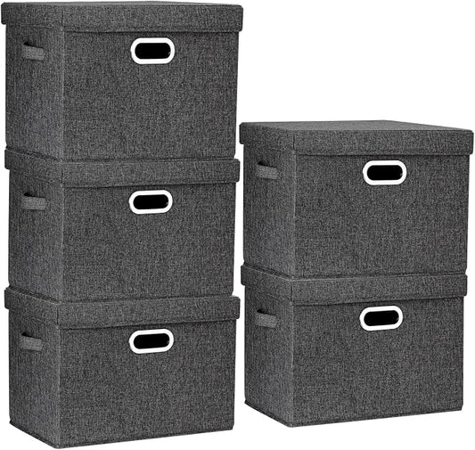 Large Storage Bins with Lids, Collapsible, Washable, Fabric Storage Boxes for Organizing, 17.3x11.8x11.4 inches, 5 Pack, Black