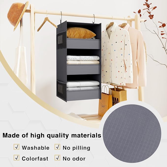 3-Shelf Hanging Closet Organizer, Washable Foldable Storage, Dark Gray | Front lip keeps items secure; side pockets add room; Oxford fabric handles towels, shirts, baby items, dorms, RVs or travel.