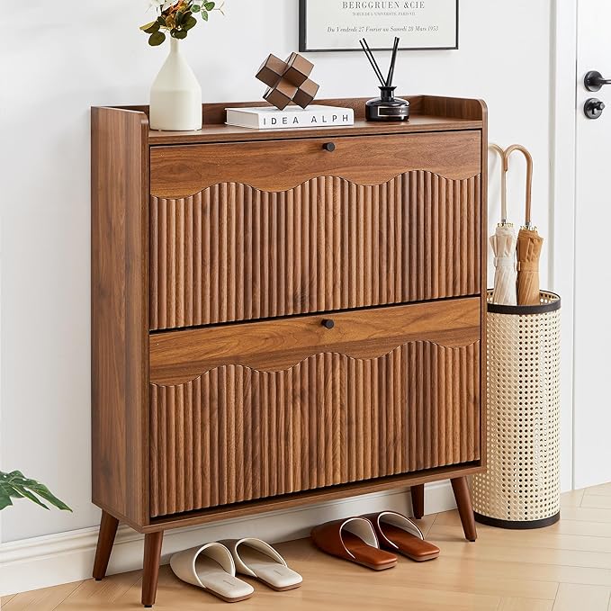 BERRYMERRY Walnut 31.5” Fluted Shoe Storage Cabinet with 2 Flip Drawers | narrow,entryway,adjustable feet,24 pairs shoe,shoe organize,hidden shoe rack,fluted panel,wave pattern,wood,space saving