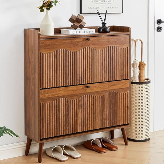 BERRYMERRY Walnut 31.5” Fluted Shoe Storage Cabinet with 2 Flip Drawers | narrow,entryway,adjustable feet,24 pairs shoe,shoe organize,hidden shoe rack,fluted panel,wave pattern,wood,space saving