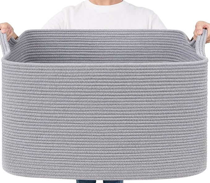 Goodpick 85L Large Woven Blanket Basket 23.6" x 15.7" x 13.8" Cotton Rope Storage Organizer for Dirty Clothes Pillows, Rectangle Toy Storage Basket for Nursery Bedroom, Gray