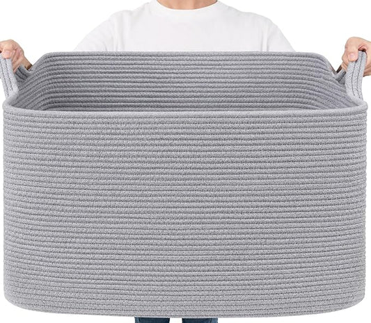 Goodpick 85L Large Woven Blanket Basket 23.6" x 15.7" x 13.8" Cotton Rope Storage Organizer for Dirty Clothes Pillows, Rectangle Toy Storage Basket for Nursery Bedroom, Gray
