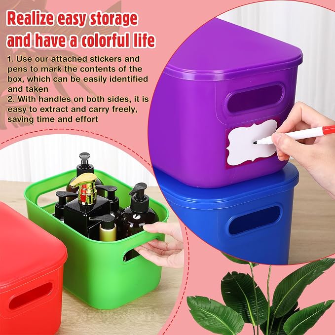 Thyle 12 Pack Colorful Plastic Storage Bins with Lids 7 Quart Vibrant Colored Toy Storage Box Stackable Nestable Organizer Box with Handle and Label for Classroom Shelf Bedroom Desktop School Supplies