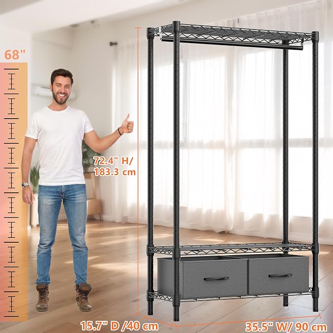 M MZG Heavy Duty Rolling Garment Rack 3 Tiers Adjustable Wire Shelving with Rod, Storage Closet Clothing Rack with Drawers Dark Grey, 15.8" D x 35.5" W x 72.4" H
