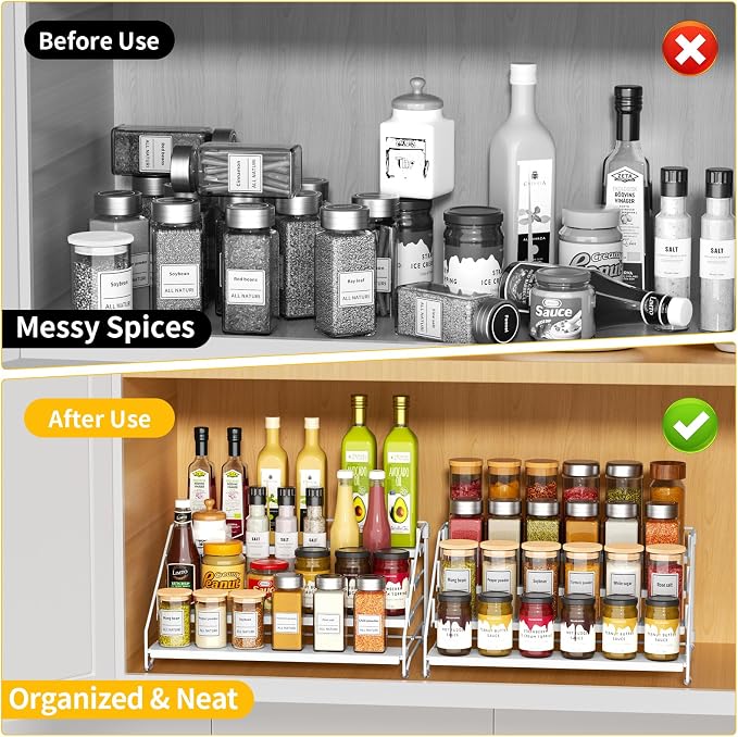 2 Pack Spice Rack Organizer for Cabinet, Depth Adjustable 4 Tier Spice Rack | White, Metal Spice Organization for Cabinet, Easy Visibility, Tiered Spice Rack Perfect for Cabinet, Pantry and Countertop