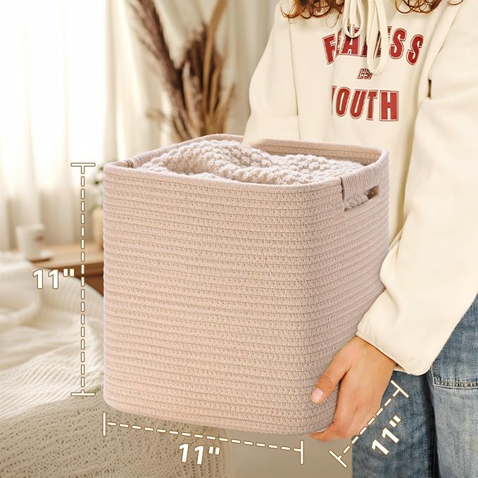 11 Inch Storage Cubes, 3 Pack Cube Storage Bins for Organizing, Cotton Rope Woven Baskets for Shelves, Bathroom, Kids Room, Closets, Baby Nursery