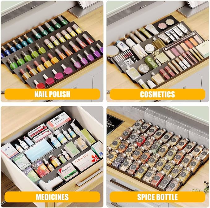 Famhap Spice Drawer Organizer Expandable 4 Tier for 11.6"-23.2" Wide Drawer | Durable Plastic, Slanted Seasoning Drawer Organizer, Use for Kitchen Spices Cosmetics
