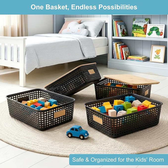 Bagnizer 4 Pack Plastic Storage Bins with Bamboo Lids, 6.2qt Stackable Storage Organizer Box with Lable for Pantry Shelves Drawers Desktop Office, 12"L x 8.3"W x 3.5"H, Black