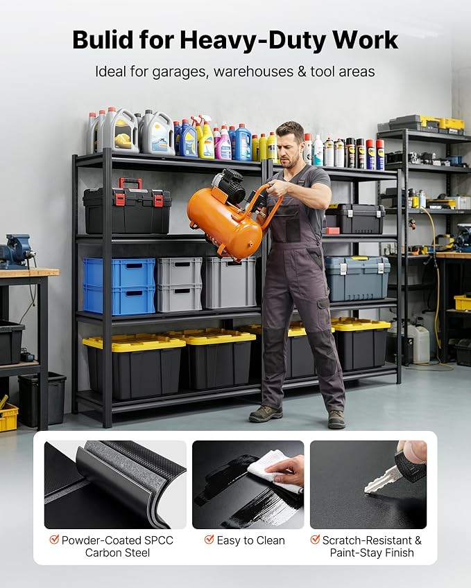 VEVOR Storage Shelves, 4-Tier Adjustable, 2400 lbs Capacity, Heavy Duty Garage Storage Shelving Unit, Metal Utility Rack Shelf, for Garage Workshop Warehouse Basement, 40.55" W x 20.55" D x 60.2" H