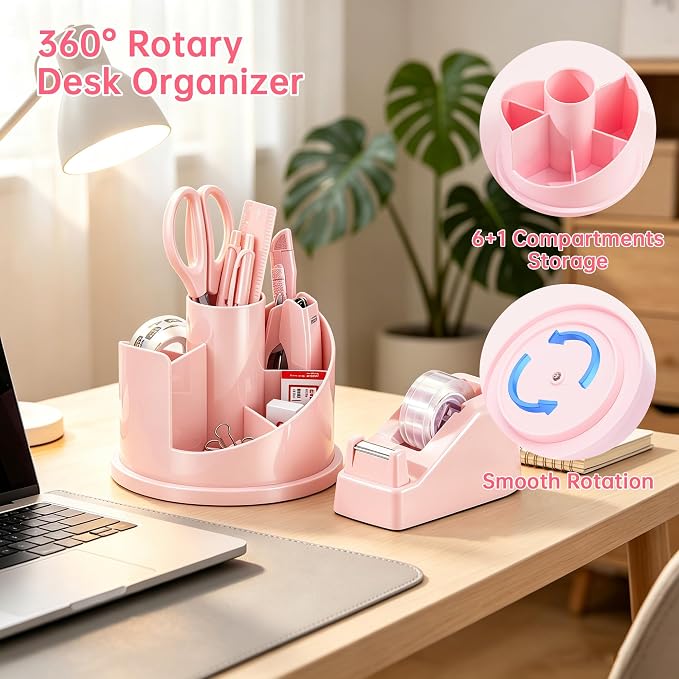 deli Office Supplies Set, Desk Accessory Organizer Kit, Pink | Stationary Set, Desk Supplies with Rotating Multi-Functional Pen Holder &Stapler Set for Office, School, Home