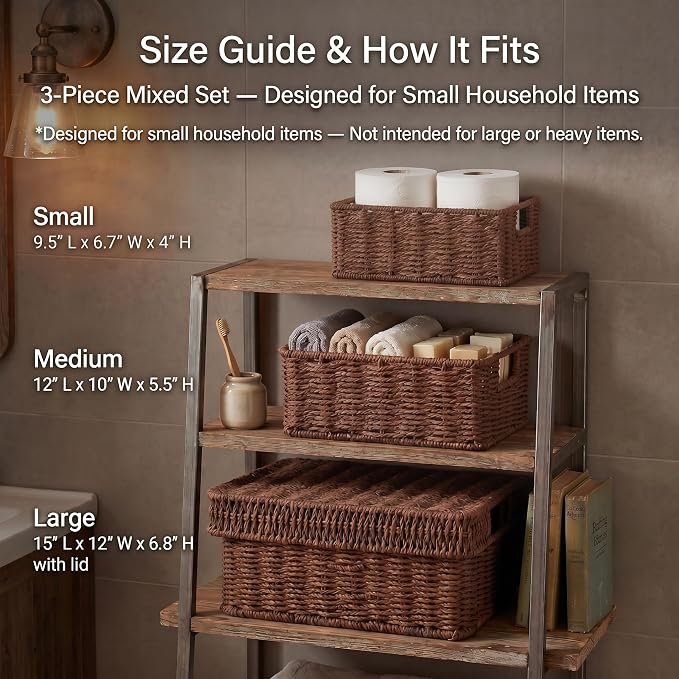 Wicker Storage Basket with Lid for Shelves, 3-Basket Set, Dark Brown | One rectangular wicker basket with lid and two open baskets for decorative shelf storage; removable lid flips into a tray.