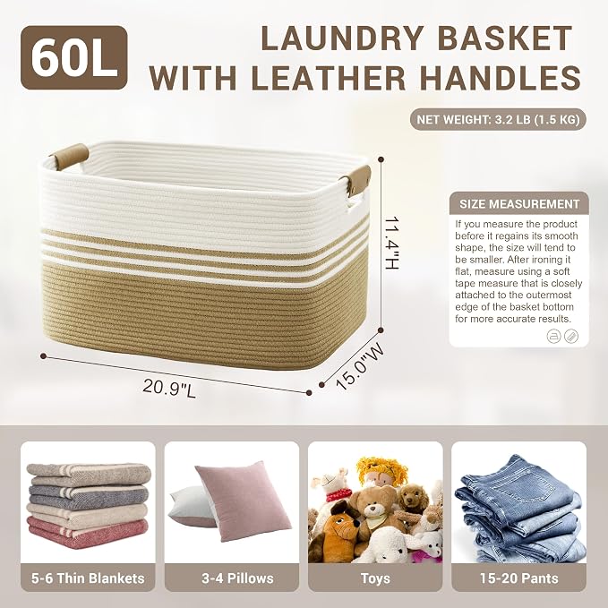60L Woven Laundry Basket Hamper with Leather Handles,Khaki | collapsible wicker hamper, storage for dirty clothes, toys, blankets, gifts, living room, bedroom, bathroom, 21"x15"x11"