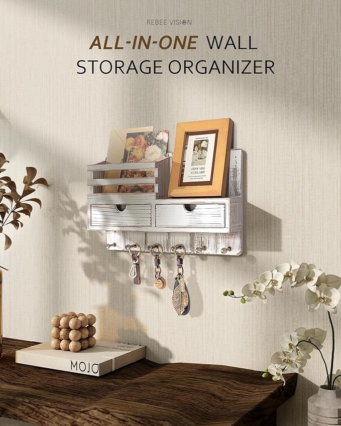 Rebee Vision Key Holder Wall Mount with 2 Drawers for Apartment, Whitewash | Key and Mail Holder for Wall, 6 Key Hooks, Shelf, Plant Display, Drawer Organizer, Mail Sorter, Home Storage Essentials