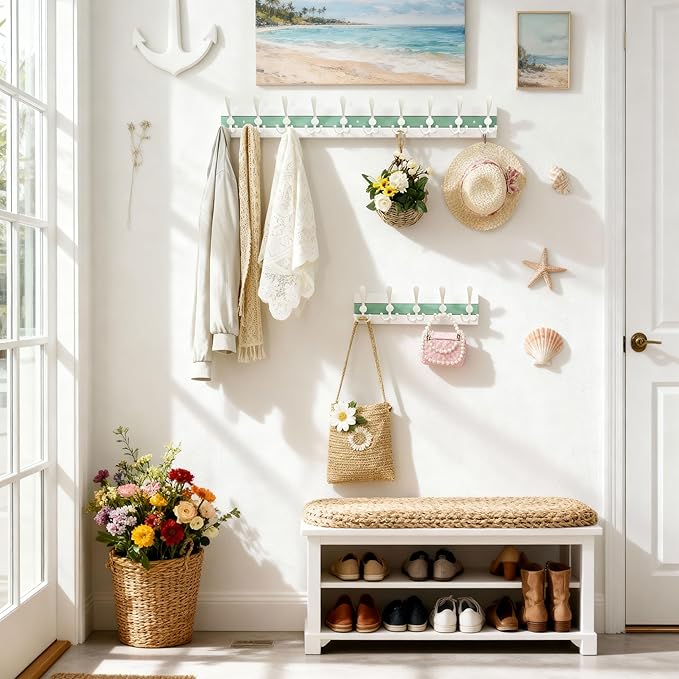 SKOLOO Coastal Wall Mounted Coat Rack - 38-1/8" Beach House Entryway Wooden Coat Hook with 10 Hooks for Hanging Coats, Hats or Towels, Oceanfront Cottage Core Collection, White & Green