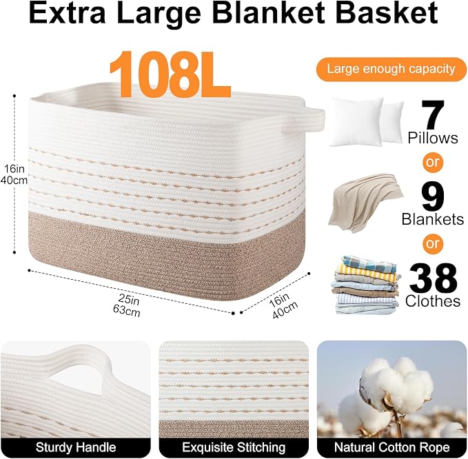 OIAHOMY 108L Extra Large Blanket Basket, 25”x16”x16” Rectangle Woven Cotton Rope Baskets for Living Room, Toy Storage with Handle- Gradient Light Brown