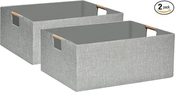 Collapsible Storage Box for Women - Foldable Home Organizer 16.9x12.5x7Inches with Wooden Handles | Closet, Bathroom & Kids Room Storage | Heavy-Duty Linen Fabric 2Pack