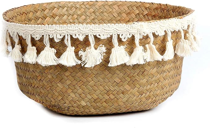 Tassel Macrame Woven Seagrass Belly Basket for Storage, Decoration, Laundry, Picnic, Plant Basin Cover, Groceries and Toy Storage (Large, Tassel)