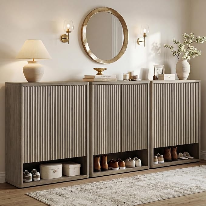 SICOTAS Shoe Cabinet 44 inch Tall Fluted Shoe Cabinet with Doors & 4 Shelves Wooden Large Hidden Shoe Storage Organizer Modern Free Standing 6-Tier Cabinet for Entryway Living Room Closet