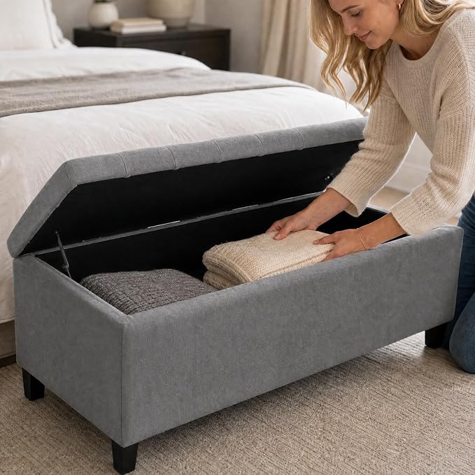 Madison Park 49" Upholstered Storage Bench, Button Tufted End of Bed Bench with Storage, Dual Spring Soft-Close Lid, Bedroom Bench for Queen King Bed, Entryway Living Room, Grey
